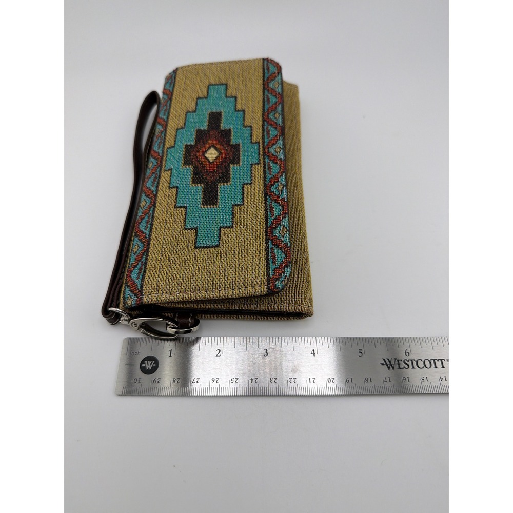 Southwestern Tapestry Wristlet Wallet Aztec Turquoise Tan Clutch - Picture 5 of 5